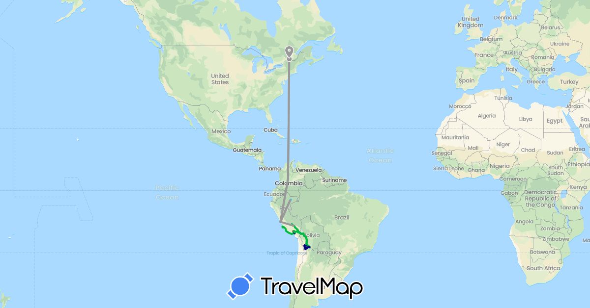 TravelMap itinerary: driving, bus, plane, train, hiking, boat in Bolivia, Canada, Colombia, Peru (North America, South America)
